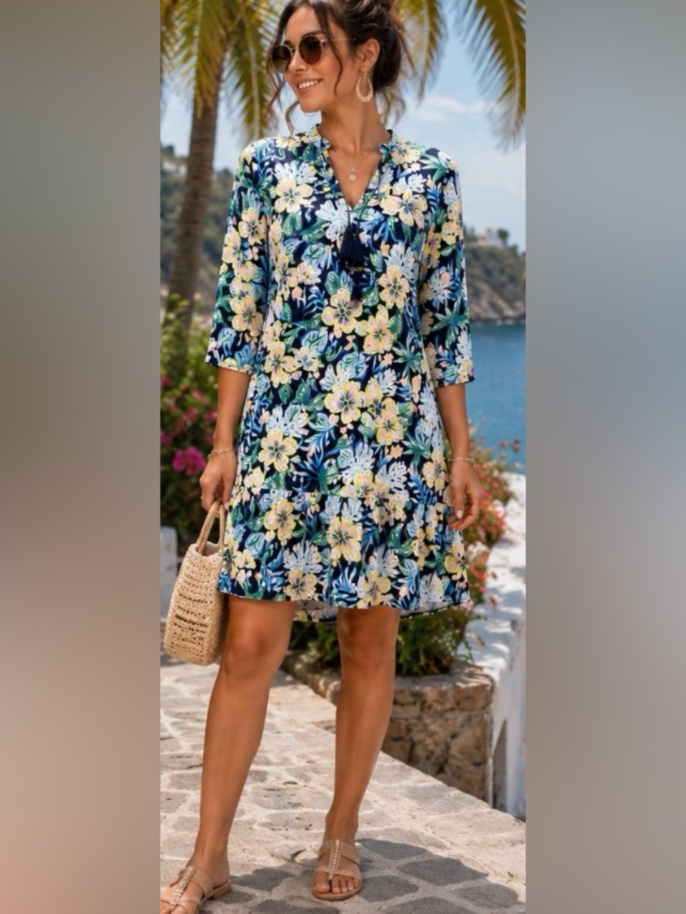 Stella Parker lined floral tassel tie dress size medium tropical rayon lined